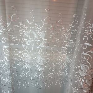 Pair Of Sheer White Curtains Embroidered Flowers Intricate Design Made In Turkey